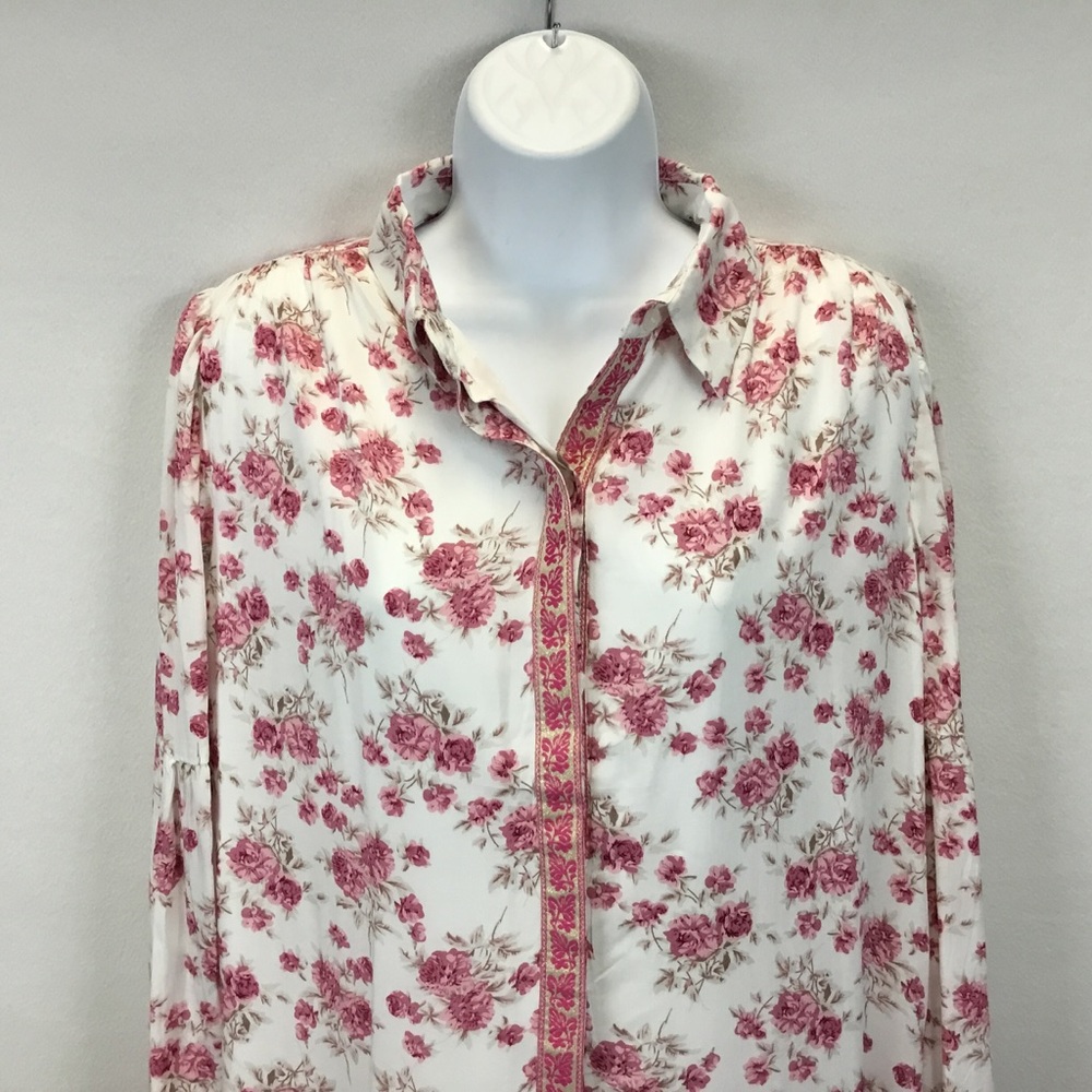 Trish Scully Oversized Pink Floral Long Sleeve Mini Shirt Dress Size 2 - Picture 2 of 11